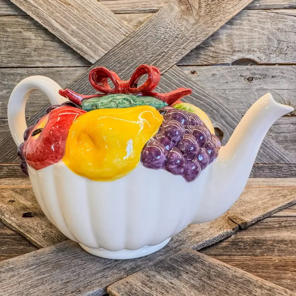 1992 Vintage Fitz and Floyd Omnibus Fruit Basket Tea Pot w/ Red Bow